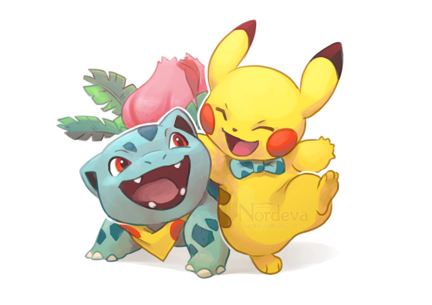 animal_print, bow, bowtie, claws, closed_eyes, full_body, happy, ivysaur