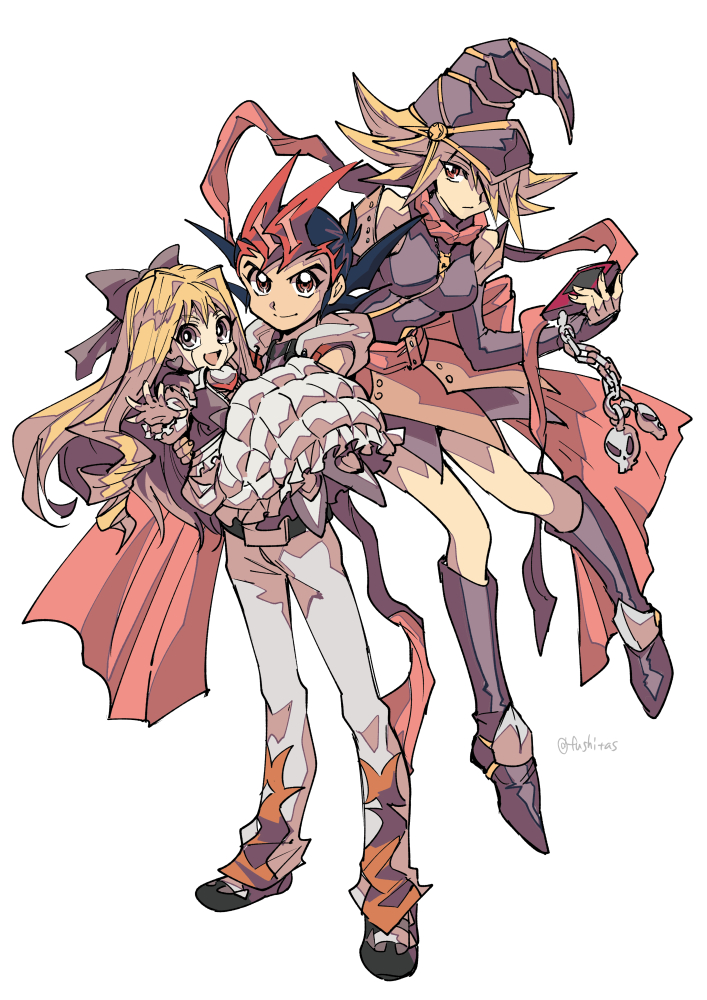1boy, 2girls, blonde_hair, boots, carrying, closed_mouth, duel_monster, dyed_bangs