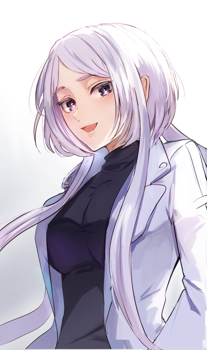 1girl, absurdres, black_shirt, breasts, coat, highres, large_breasts, long_hair