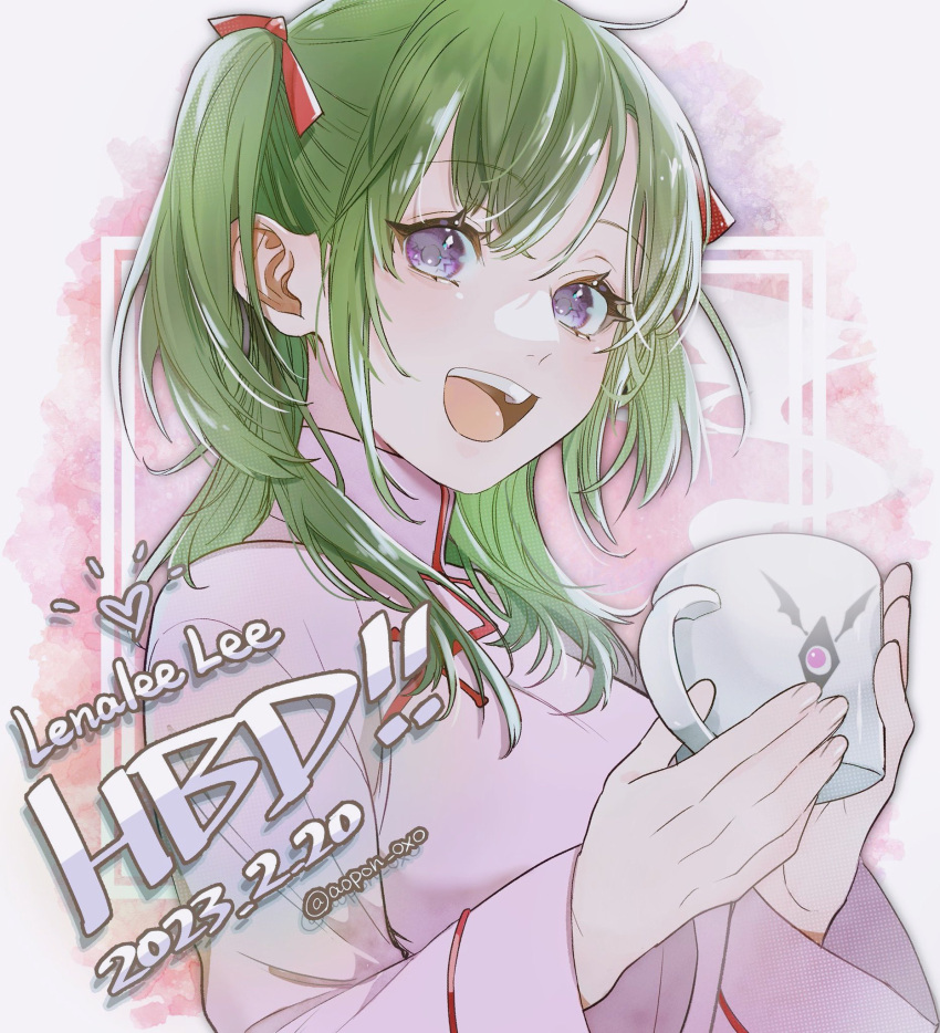 1girl, aopon16, chinese_clothes, coffee_mug, cup, d.gray-man, golem_(d.gray-man), green_hair, hair_ribbon, happy, happy_birthday, highres, holding, holding_cup, lenalee_lee, looking_at_viewer, mandarin_collar, medium_hair, mug, open_mouth, pink_shirt, red_ribbon, red_stripes, ribbon, shirt, sidelocks, signature, smile, solo, striped_clothes, striped_shirt, two_side_up, violet_eyes, wide_sleeves