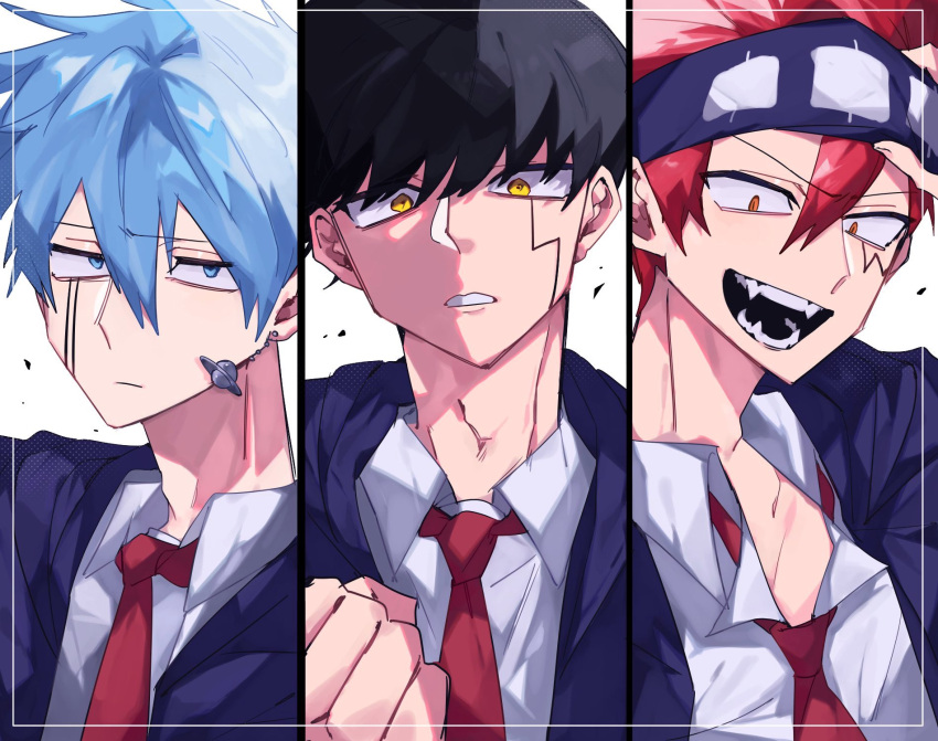 3boys, black_hair, black_robe, blue_eyes, blue_hair, collared_shirt, daut_barret, facial_mark