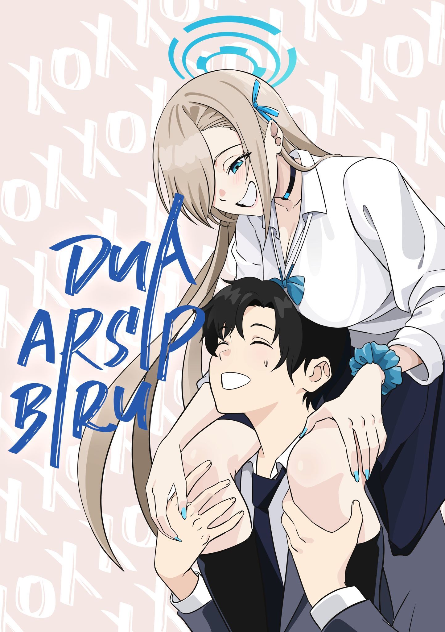 1boy, 1girl, asuna_(blue_archive), asuna_(school_uniform)_(blue_archive), black_choker, black_hair, black_socks, blue_archive