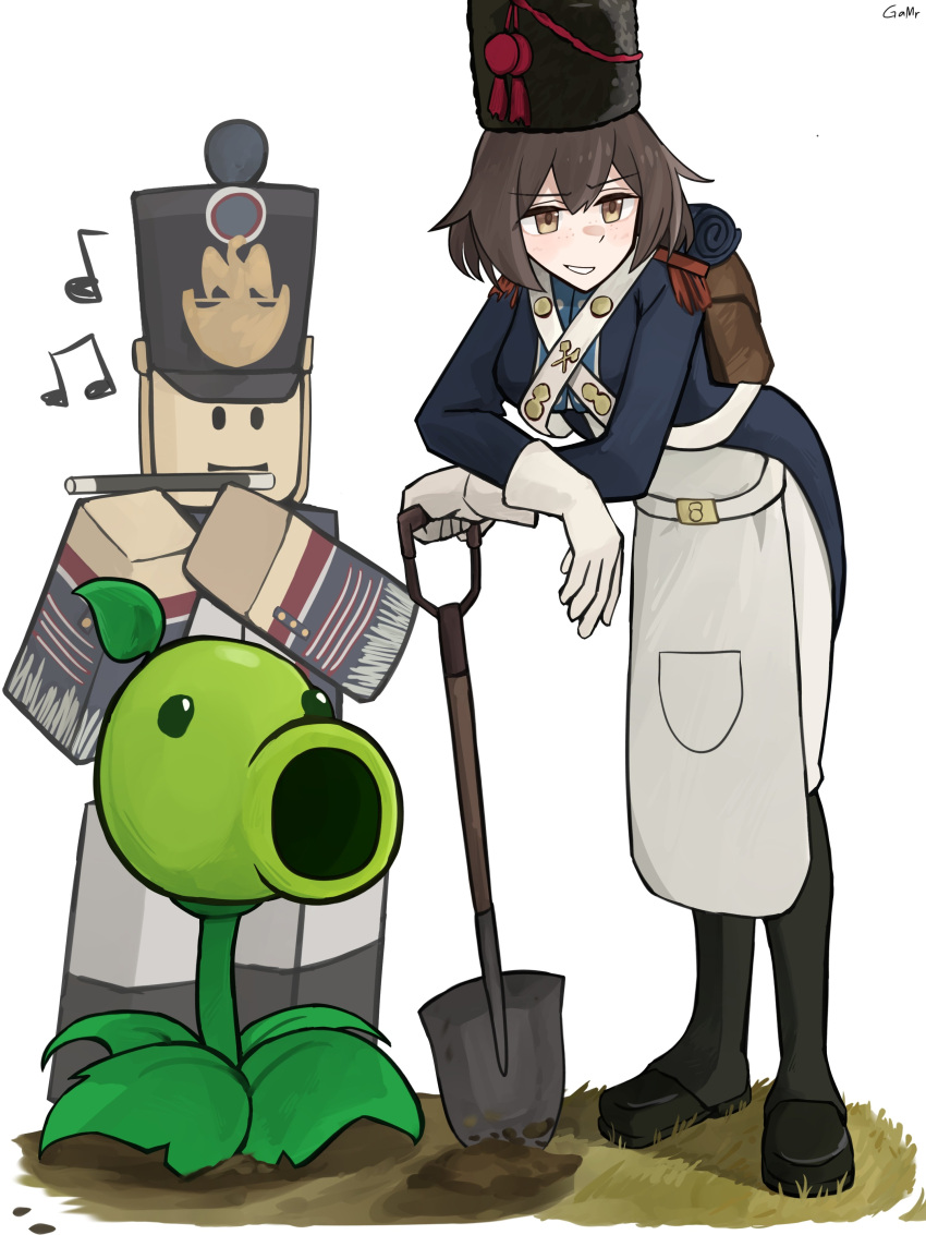 absurdres, apron, backpack, bag, black_footwear, black_hat, blue_jacket, boots