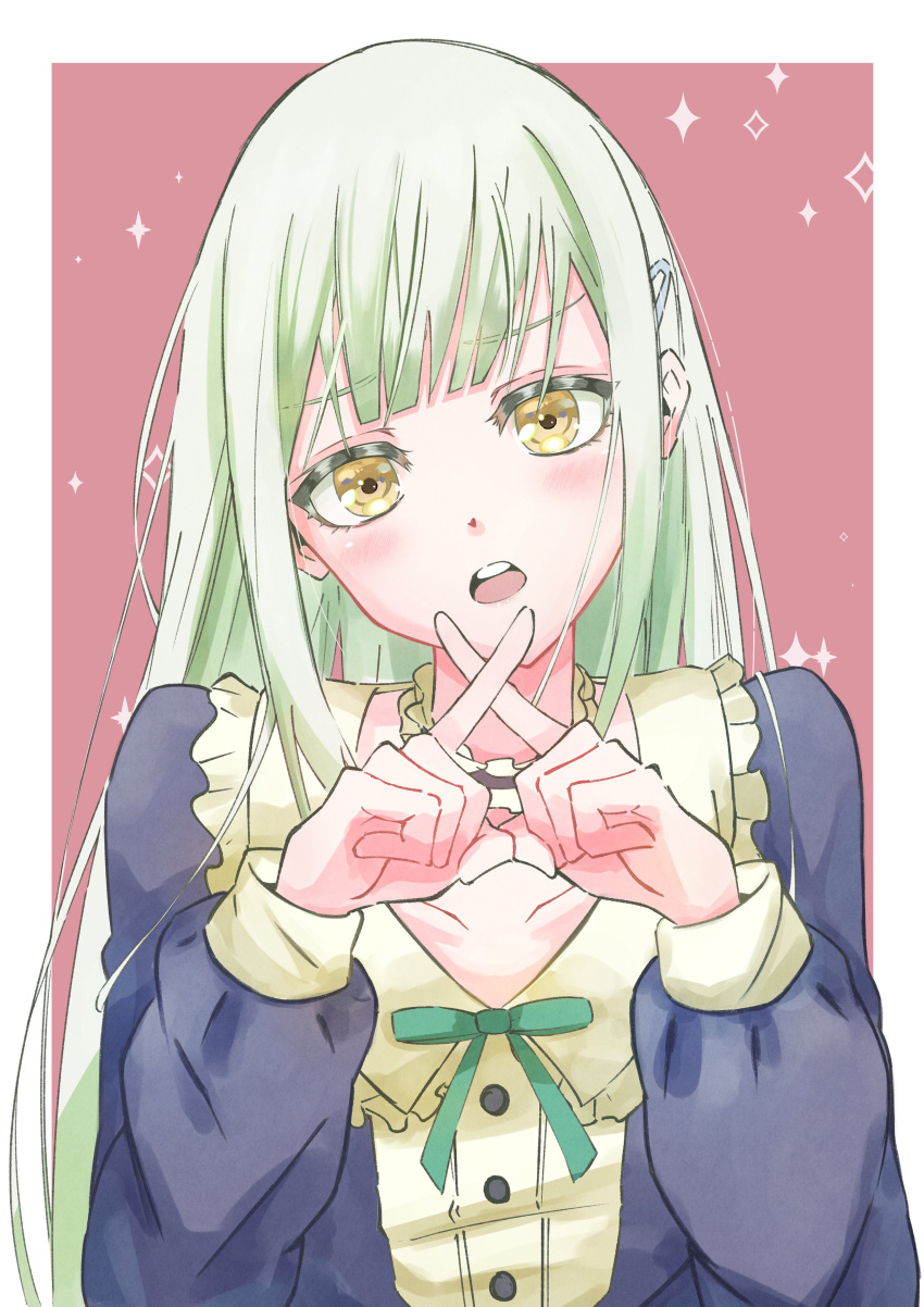 1girl, absurdres, bang_dream!, bang_dream!_it's_mygo!!!!!, dress, green_hair, green_ribbon, highres, kenkou_ni_yoku_nai!_(bang_dream!), long_hair, long_sleeves, miles0088, mortis_(bang_dream!), neck_ribbon, open_mouth, plaid_clothes, plaid_dress, ribbon, sidelocks, wakaba_mutsumi, x_fingers, yellow_eyes