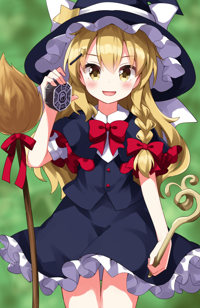 1girl, :d, alternate_costume, black_capelet, black_hat, black_skirt, black_vest, blonde_hair