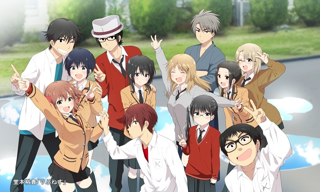 5boys, 6+girls, ;d, arm_up, black-framed_eyewear, black_hair, black_necktie, black_pants, black_skirt, black_socks, blazer, blonde_hair, blue_shirt, breasts, brown_cardigan, brown_hair, cardigan, chiba_shinichi_(rivnes), closed_mouth, commentary_request, crossed_arms, doumoto_yuuki, expressionless, glasses, gotou_takaya, grey_card, grey_hair, grey_shirt, grin, hashimoto_minami, hat, holding_hands, horikawa_(rivnes), index_finger_raised, inoguchi_noriko, jacket, kaidou_kasumi, kaidou_tetsurou, long_hair, looking_at_viewer, matsuda_satoshi, medium_breasts, minazuki_makoto_(rivnes), miyako_(rivnes), multiple_boys, multiple_girls, nanase_shouta, necktie, one_eye_closed, open_clothes, open_mouth, open_shirt, orange_jacket, outdoors, pants, pleated_skirt, puddle, red_cardigan, red_hair, rivnes, saijou_asuka, school, shirt, short_hair, side_ponytail, skirt, smile, socks, translation_request, v, white_hat, white_shirt