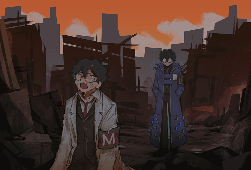 1boy, aedd_(e.g.o), armband, black_pants, black_shirt, blue_coat, blue_necktie, closed_eyes, coat, collared_shirt, crying, e.g.o_(project_moon), electricity, hands_in_pockets, highres, hohenheim_(project_moon), lab_coat, lapels, long_sleeves, multiple_views, nail_(hardware), necktie, notched_lapels, open_mouth, pants, round_eyewear, shirt, yobunkiii