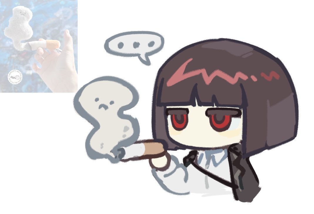 ..., 1girl, black_coat, black_hair, chibi, coat, coat_on_shoulders, collared_shirt, holding, holding_stuffed_toy, limbus_company, moritori_lob, project_moon, red_eyes, ryoshu_(project_moon), shirt, short_hair, simple_background, solo, speech_bubble, stuffed_toy, upper_body, white_background, white_shirt