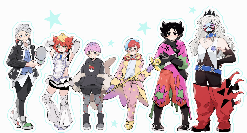 3boys, 3girls, absurdres, ahoge, arms_behind_head, atticus_(pokemon), atticus_(pokemon)_(cosplay), backpack, bag, black_eyes, black_gloves, black_hair, black_hoodie, black_jacket, black_pants, black_shorts, blonde_hair, blue_hair, blue_necktie, blue_vest, boots, bright_pupils, brown_bag, cane, closed_mouth, coat, collared_shirt, commentary, cosplay, costume_switch, crossed_arms, dafenpipixia, detached_collar, eri_(pokemon), eri_(pokemon)_(cosplay), facepaint, giacomo_(pokemon), giacomo_(pokemon)_(cosplay), glasses, gloves, grey_eyes, grey_hair, grin, hands_in_pockets, headphones, highres, holding, holding_cane, hood, hoodie, jacket, logo, looking_at_viewer, mela_(pokemon), mela_(pokemon)_(cosplay), multicolored_hair, multiple_boys, multiple_girls, necktie, open_clothes, open_coat, ortega_(pokemon), ortega_(pokemon)_(cosplay), pants, pantyhose, penny_(pokemon), penny_(pokemon)_(cosplay), pink_coat, pink_hair, pink_pants, poke_ball_print, pokemon, pokemon_sv, red_footwear, red_hair, round_eyewear, see-through_clothes, see-through_skirt, shirt, shoes, short_hair, shorts, skirt, smile, standing, star_(symbol), team_star, teeth, thigh_boots, two-tone_hair, vest, white_background, white_pupils, white_shirt, white_vest, yellow_footwear