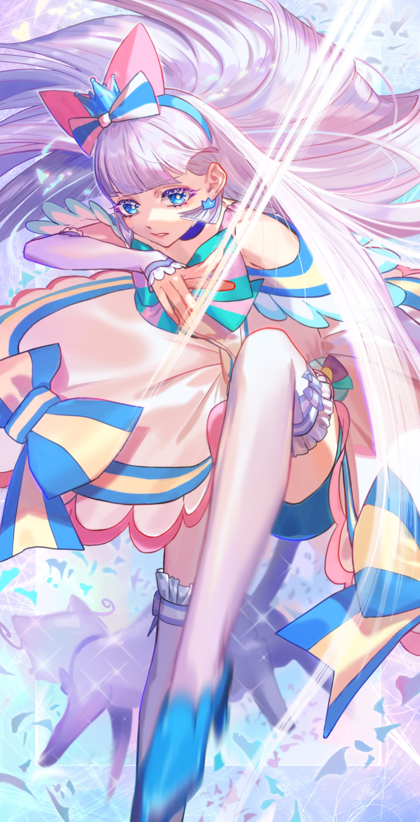 1girl, aqua_bow, aqua_bowtie, arm_warmers, blue_bow, blue_bowtie, blue_choker, blue_eyes