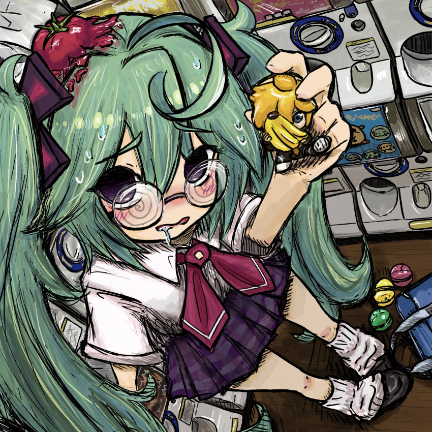 1girl, ahoge, aqua_hair, black_eyes, blush, bubbacterial, capsule, character_doll