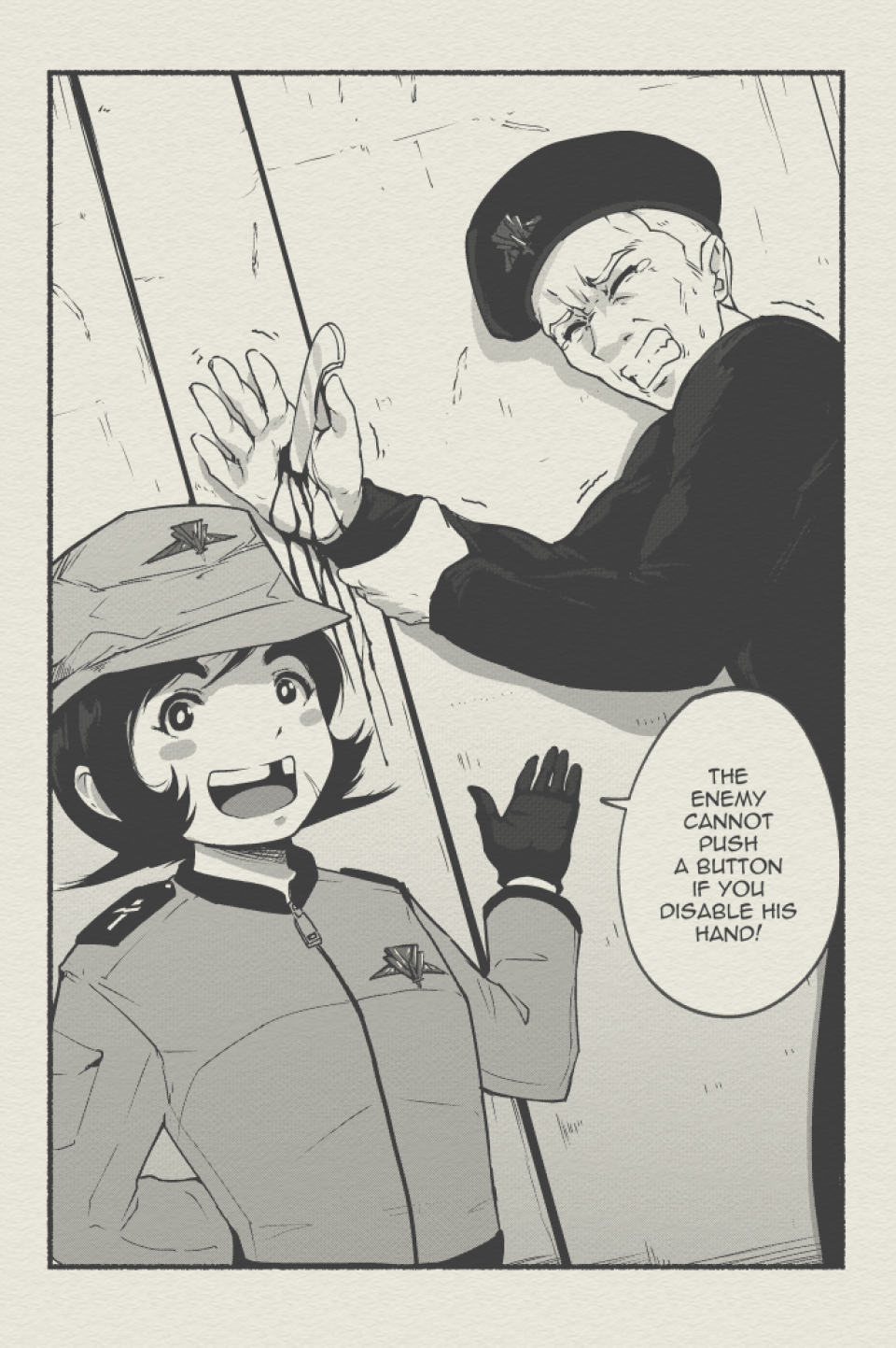 1boy, 1girl, beret, blood, combat_knife, english_text, gloves, hat