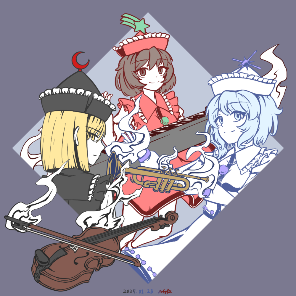 3girls, black_hat, black_vest, blonde_hair, blue_eyes, blue_hair, bow_(music), breasts