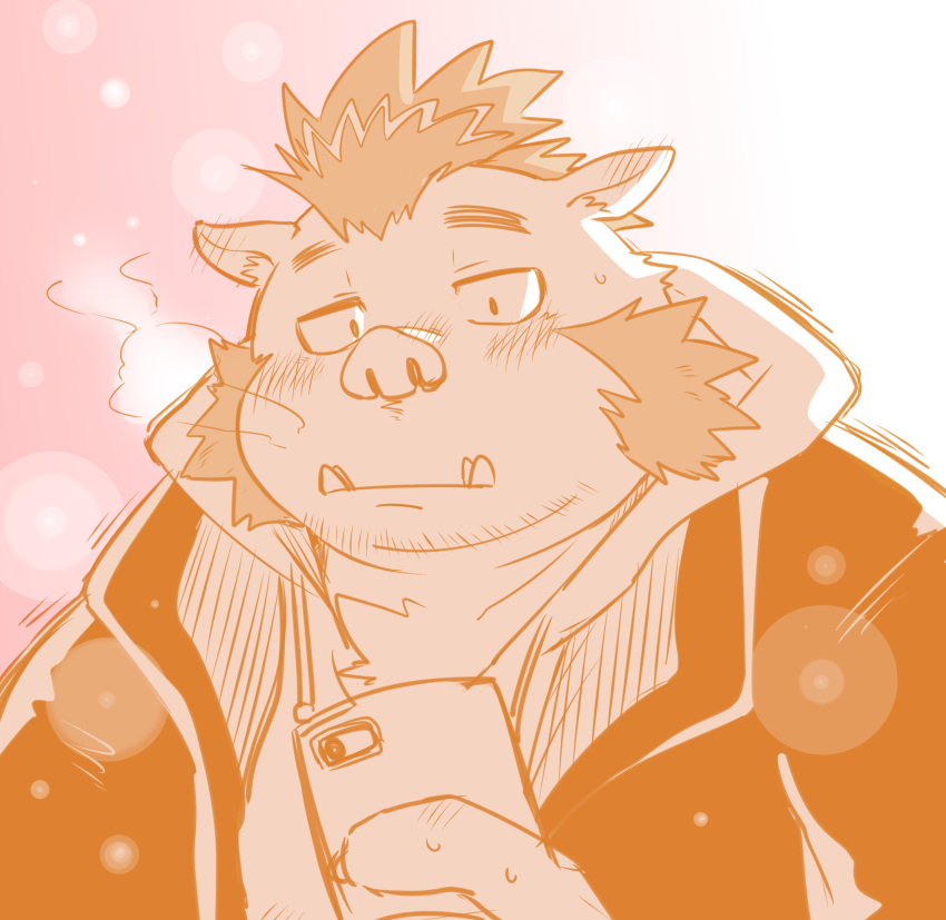 1boy, animal_ear_fluff, animal_ears, beard, blush, boar_boy, boar_ears, commentary_request