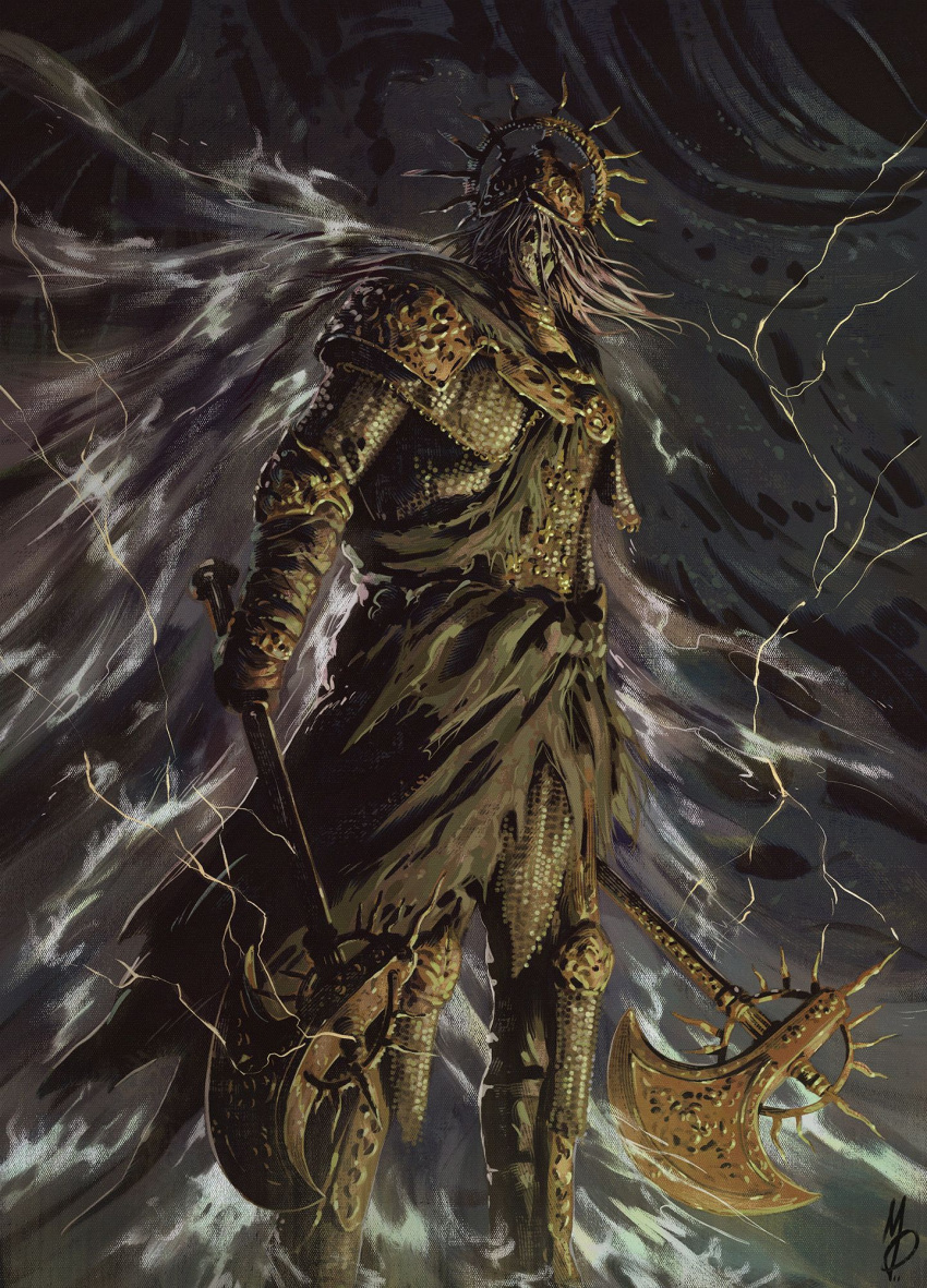 armor, axe, clenched_teeth, crown, death_knight_(elden_ring), dual_wielding, elden_ring, hair_over_eyes, highres, holding, holding_axe, looking_at_viewer, max58art, skeleton, teeth, wings
