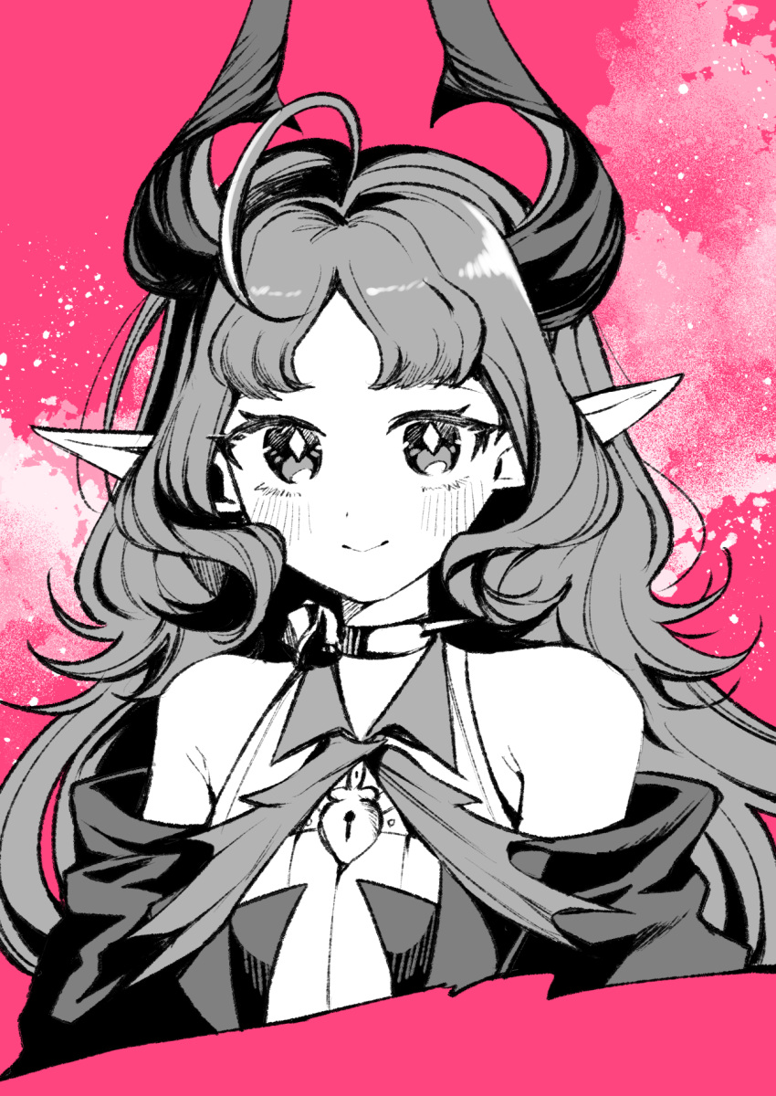 1girl, arknights, bare_shoulders, blush, closed_mouth, collar, commentary_request, cropped_torso, diamond-shaped_pupils, diamond_(shape), greyscale, greyscale_with_colored_background, harumachi_uro, highres, jacket, keyhole, long_hair, monochrome, nymph_(arknights), parted_bangs, partial_commentary, pink_background, pointy_ears, smile, solo, symbol-shaped_pupils