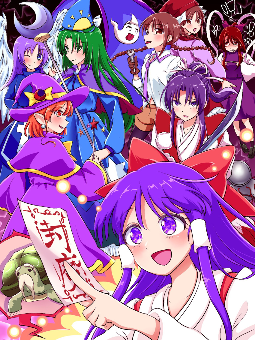 1boy, 2others, 6+girls, :d, angel_wings, apron, bakebake_(touhou), black_pantyhose