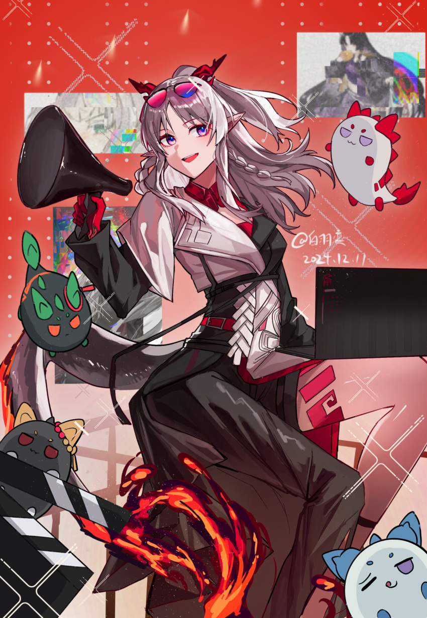 1girl, :d, annotated, arknights, baiyuyi, braid, chinese_commentary, chongyue_(arknights)