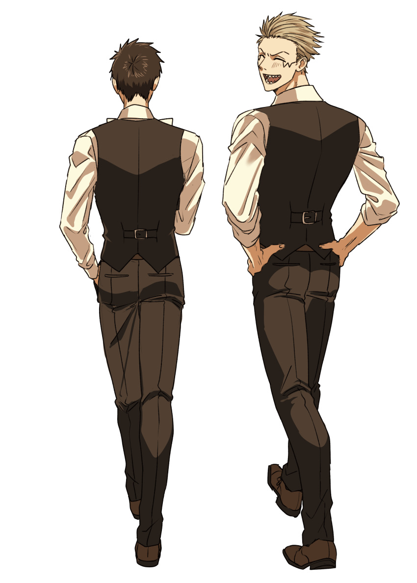 2boys, absurdres, alex_elliot, black_vest, brown_footwear, brown_hair, facial_mark, full_body, highres, long_sleeves, mashle, matsurika_0707, multiple_boys, open_mouth, orter_madl, pants, sharp_teeth, shirt, shoes, smile, spiky_hair, teeth, vest, walking, white_shirt