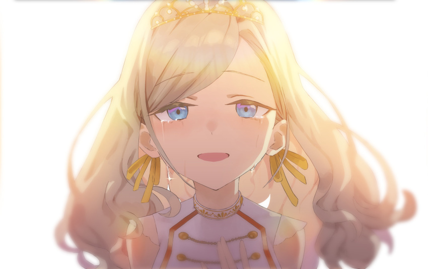 1girl, :d, absurdres, backlighting, bare_shoulders, blue_eyes, ceras_yanagida_lilienfeld, commentary