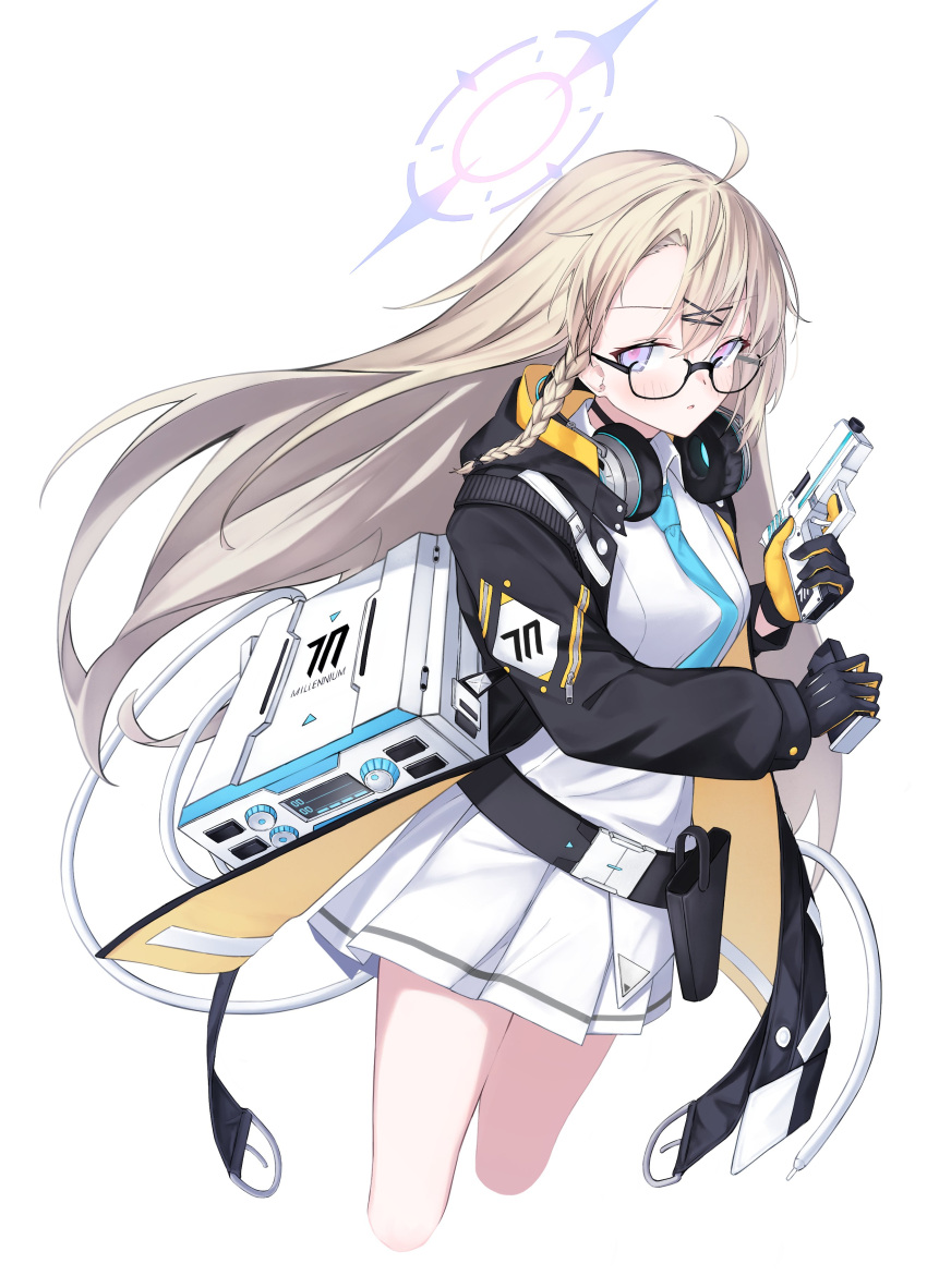 1girl, absurdres, ahoge, black-framed_eyewear, black_gloves, black_jacket, blonde_hair, blue_archive