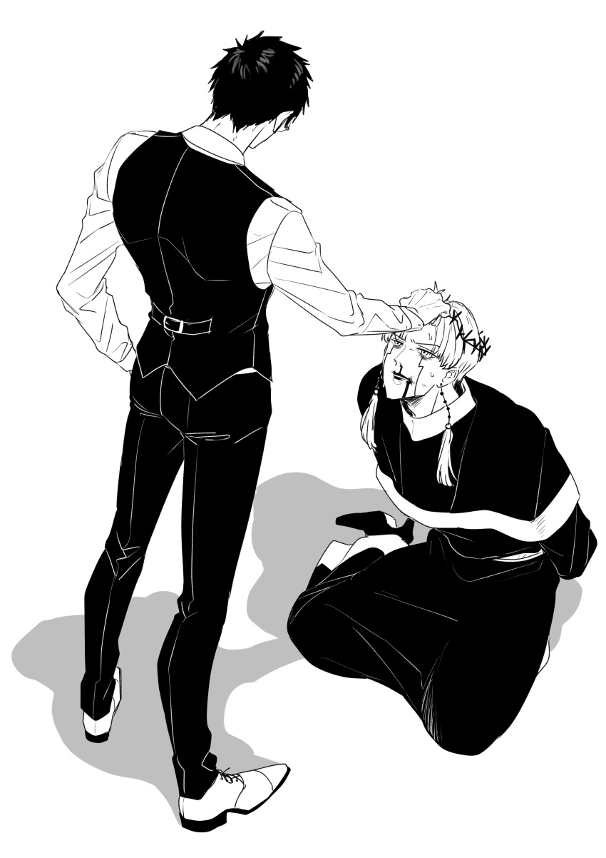 2boys, absurdres, blood, blood_from_mouth, capelet, cell_war, earrings, facial_mark, full_body, high_heels, highres, jewelry, long_sleeves, mashle, matsurika_0707, monochrome, multiple_boys, nosebleed, orter_madl, pants, shadow, shirt, shoes, short_hair, sweat, vest