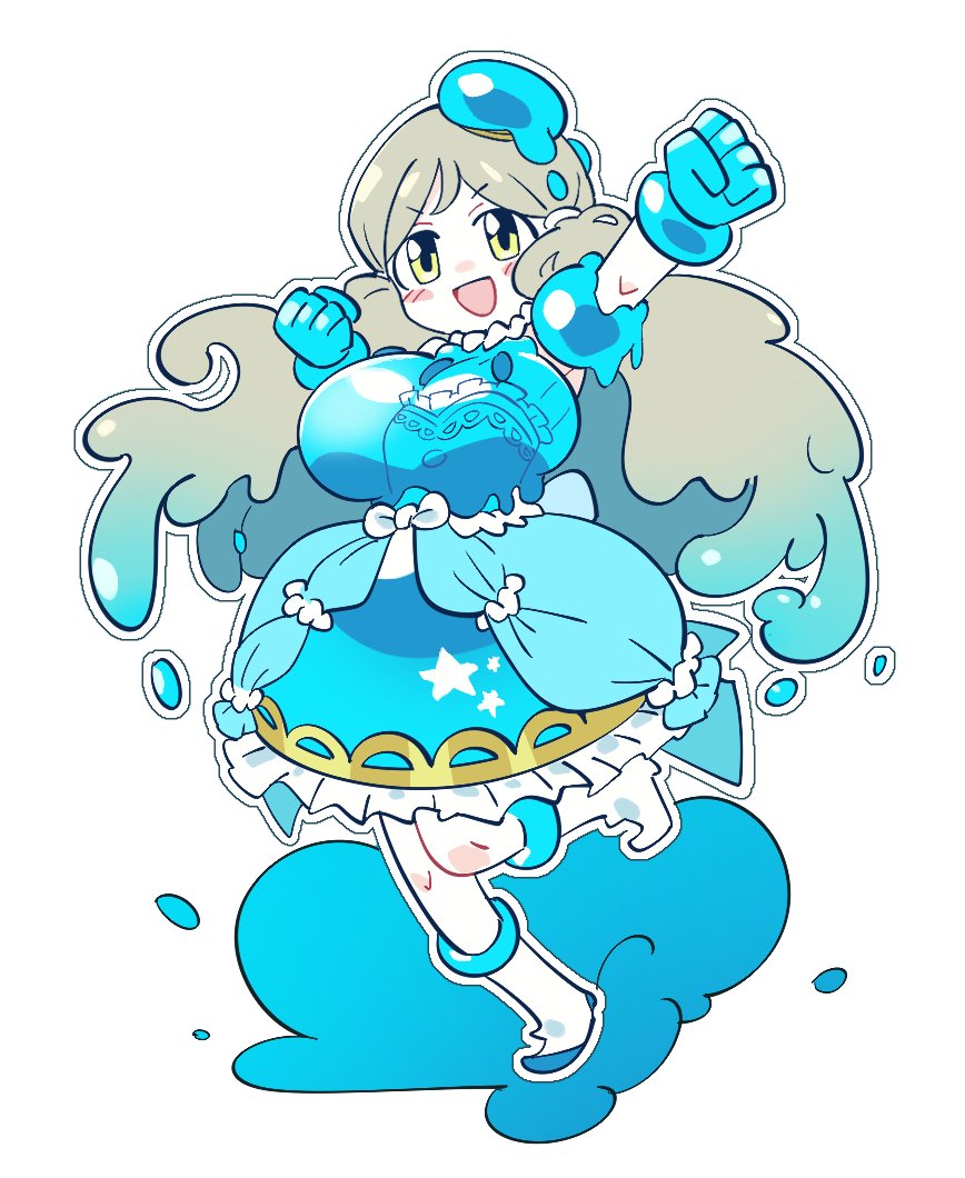 1girl, :d, arm_up, blue_dress, blue_gloves, blue_hat, blush_stickers, boots