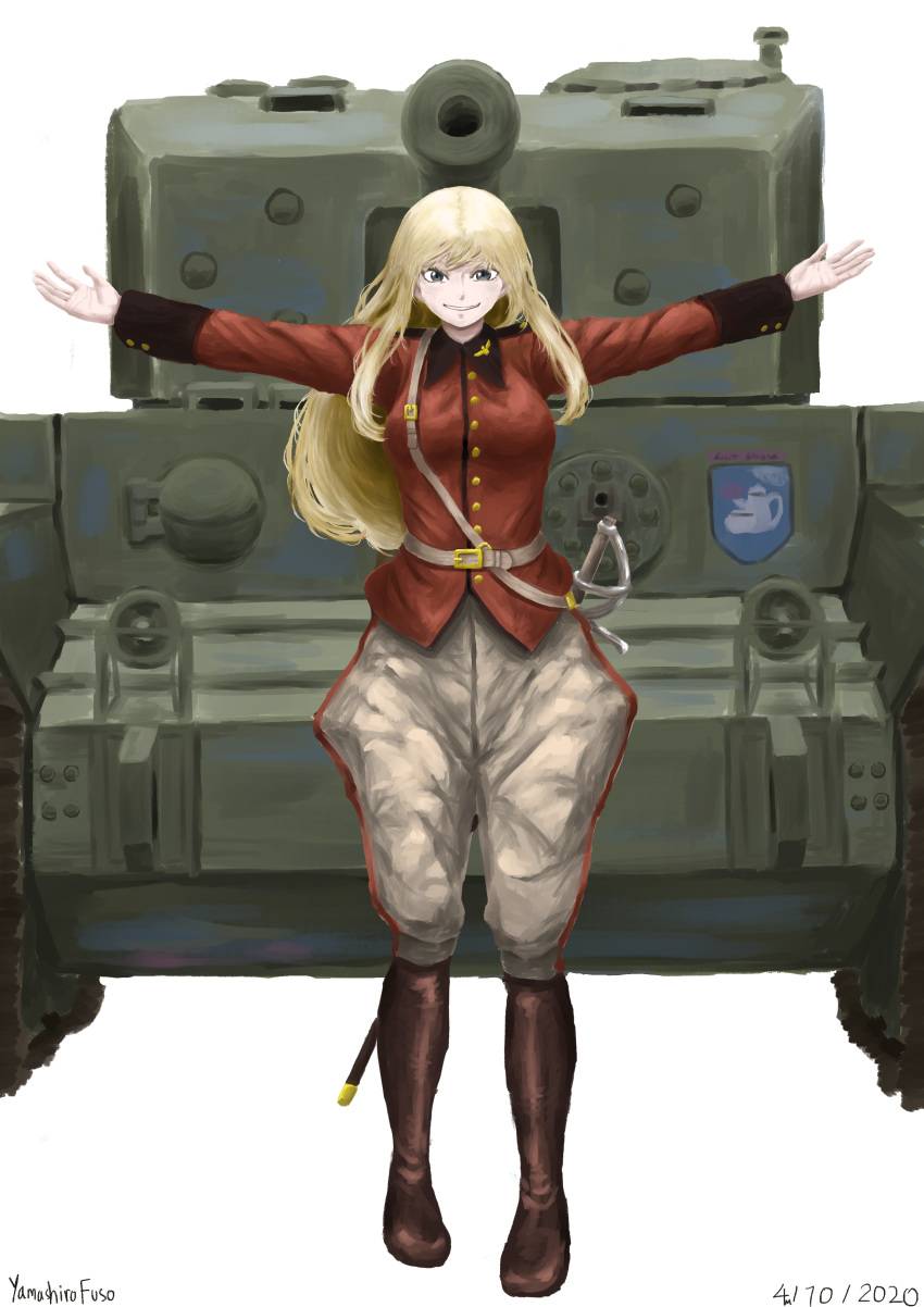 1girl, absurdres, adapted_costume, belt, blonde_hair, brown_belt, brown_footwear, cavalry_sword