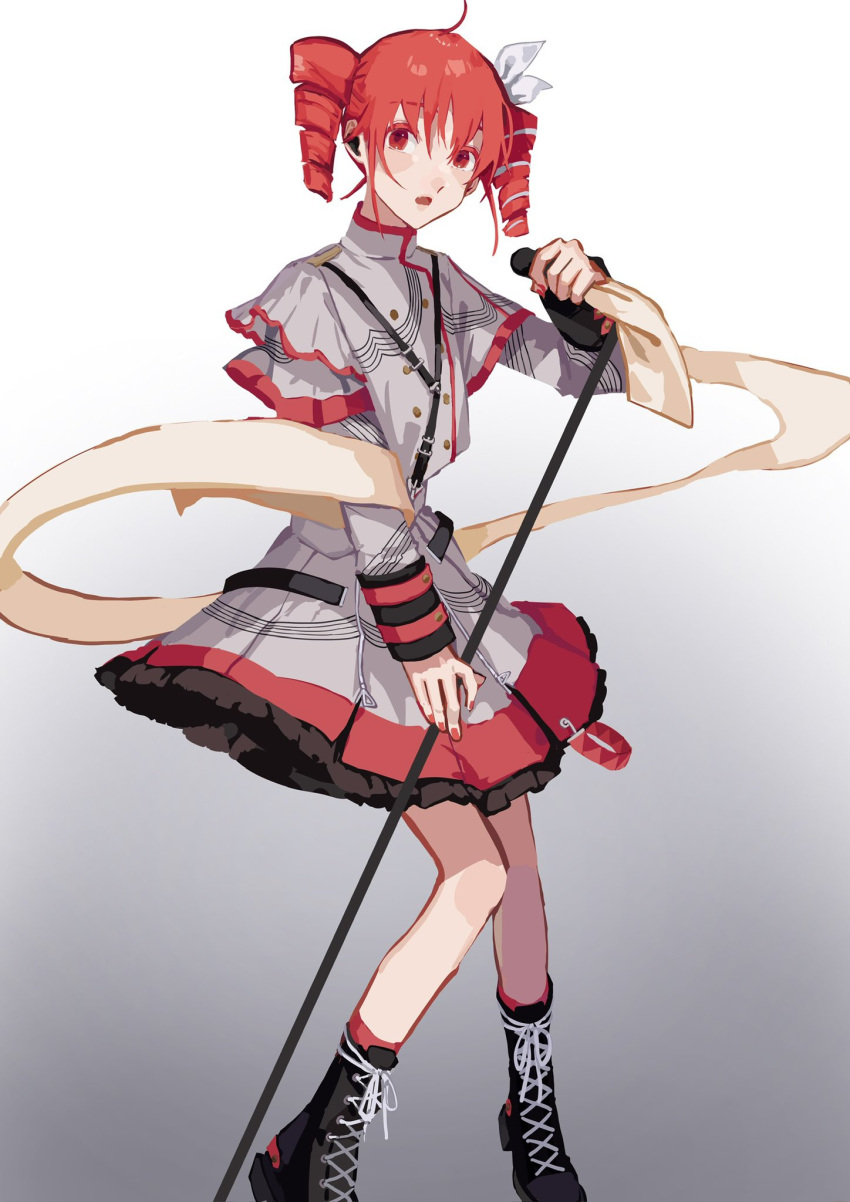 1girl, ahoge, belt, black_background, black_belt, black_skirt, black_sleeve_cuffs, boots