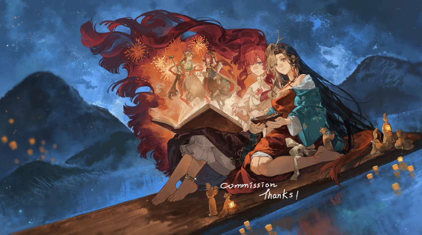 2girls, anklet, barefoot, black_hair, blue_eyes, blue_sky, book, book_on_lap, bowl, breasts, chinese_clothes, closed_mouth, commission, dress, dutch_angle, fireworks, floating_hair, full_body, gen65884781, green_sleeves, hair_branch, hair_bun, hair_ornament, hair_over_one_eye, hanfu, heart, heart_hair_ornament, highres, holding, holding_bowl, jewelry, jiu_niangzi, lantern, lantern_on_liquid, long_hair, long_skirt, looking_at_object, looking_at_viewer, mini_person, minigirl, mountain, multiple_girls, night, night_sky, open_book, outdoors, pants, pants_under_skirt, paper_lantern, reading, red_dress, red_skirt, reverse:1999, seiza, shirt, single_side_bun, sitting, skirt, sky, small_breasts, smile, statuette, very_long_hair, water, white_pants, white_shirt, yenisei_(reverse:1999)