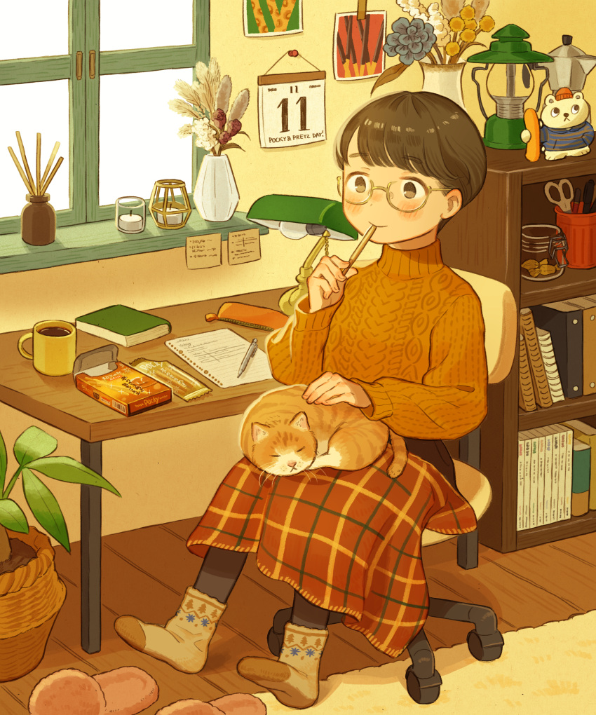 1girl, absurdres, animal_on_lap, aran_sweater, black_hair, blanket, blush, brown_eyes
