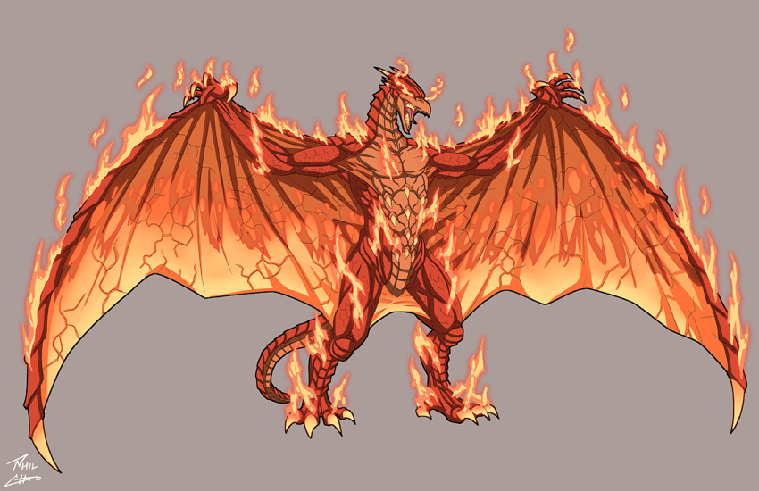 claws, energy, fangs, fire, full_body, giant, giant_monster, glowing, glowing_claws, glowing_eyes, glowing_horns, glowing_mouth, glowing_wings, godzilla_(series), horns, kaiju, monster, no_humans, orange_eyes, phil-cho, pterosaur, pyrokinesis, rodan, scales, sharp_teeth, tail, teeth, wings