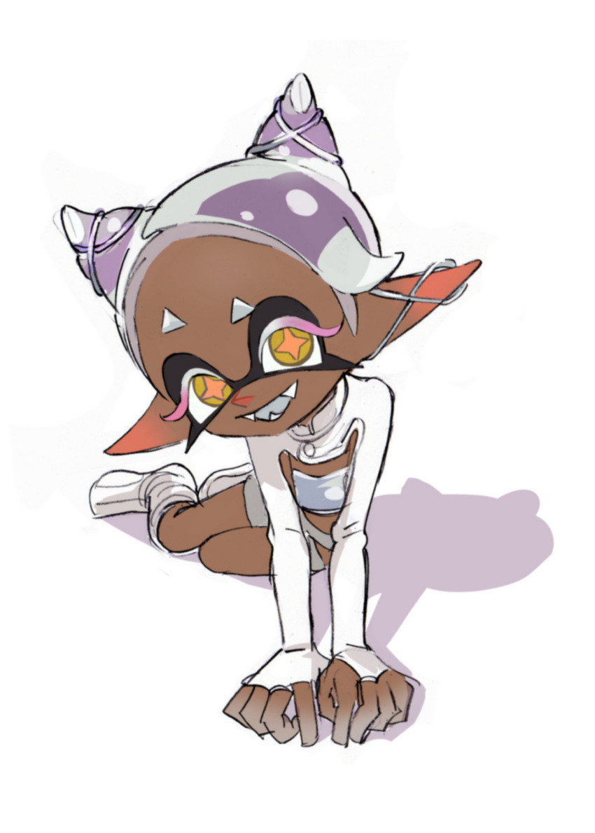 +_+, 1girl, dark-skinned_female, dark_skin, double_bun, fangs, frye_(splatoon), hair_bun