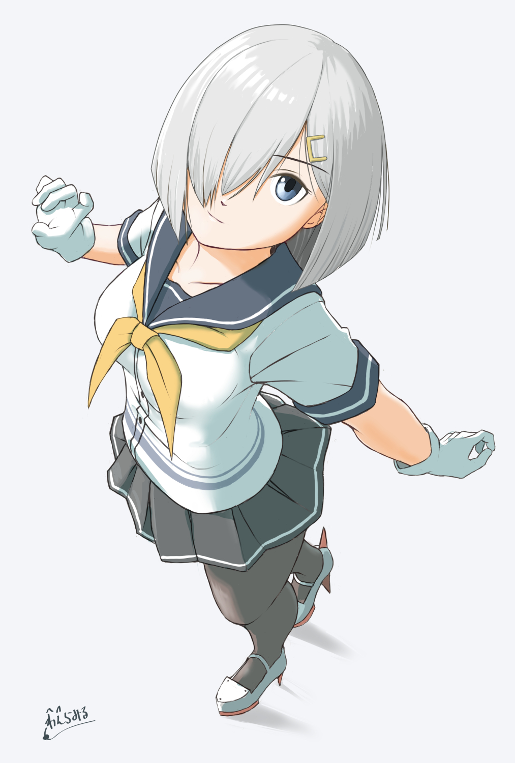 1girl, black_pantyhose, blue_eyes, blue_sailor_collar, blush, breasts, gloves, grey_background