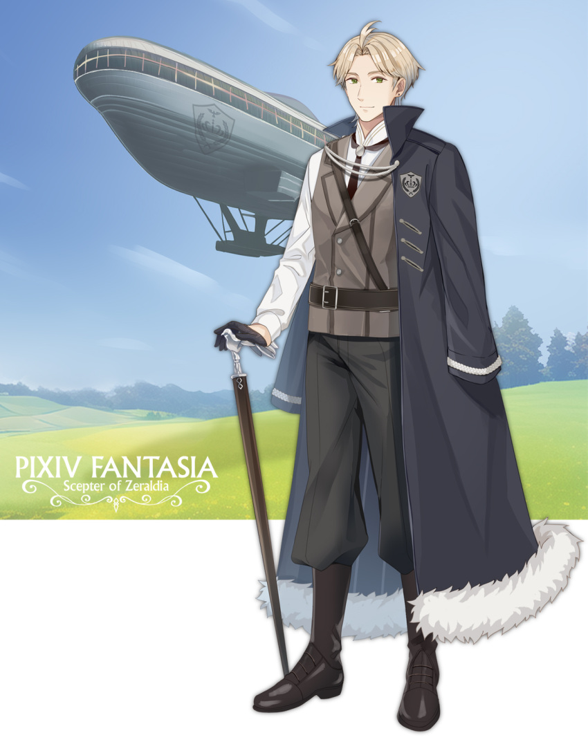 1boy, aircraft, alois_neumann, belt, black_footwear, black_gloves, black_pants, blonde_hair, boots, cane, coat, coat_on_shoulders, copyright_name, day, dirigible, earrings, full_body, fur-trimmed_coat, fur_trim, gloves, grey_vest, highres, jewelry, long_sleeves, mono_lith, outdoors, pants, pixiv_fantasia, pixiv_fantasia_scepter_of_zeraldia, solo, standing, stud_earrings, vest