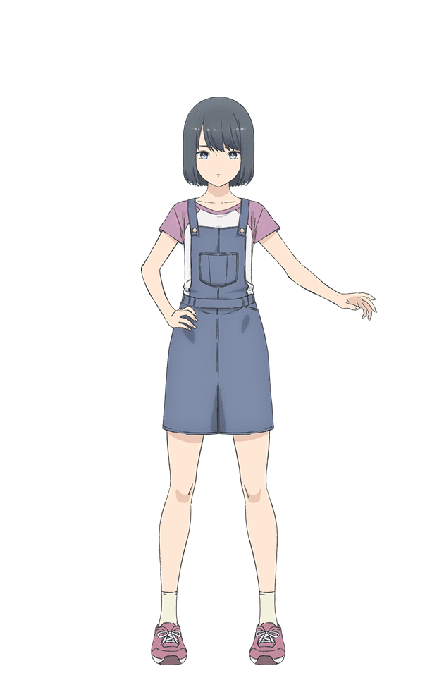 1girl, ankle_socks, black_hair, blue_eyes, blue_overalls, collarbone, denim, denim_overalls