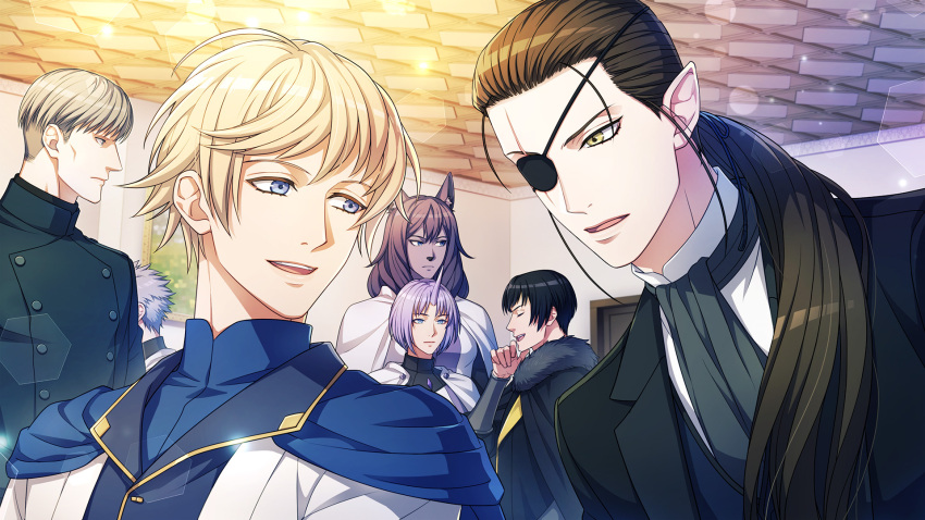 6+boys, albert_faulkner, animal_ears, black_hair, black_suit, blue_cape, blue_eyes, cape