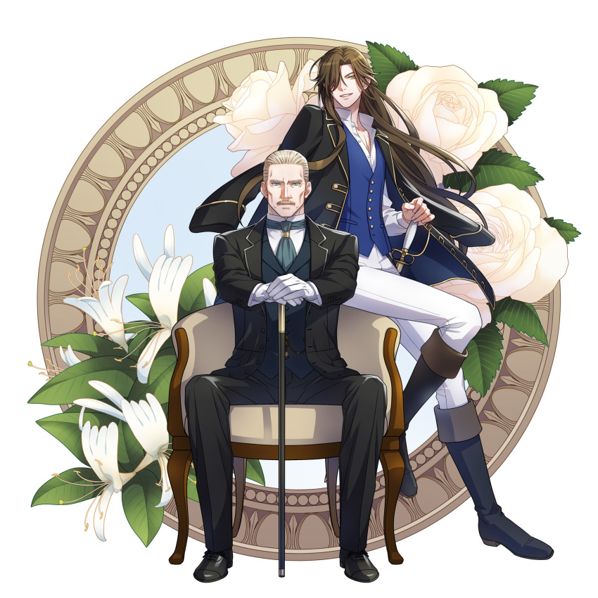 2boys, albert_faulkner, ascot, black_footwear, black_pants, blue_eyes, blue_vest, boots