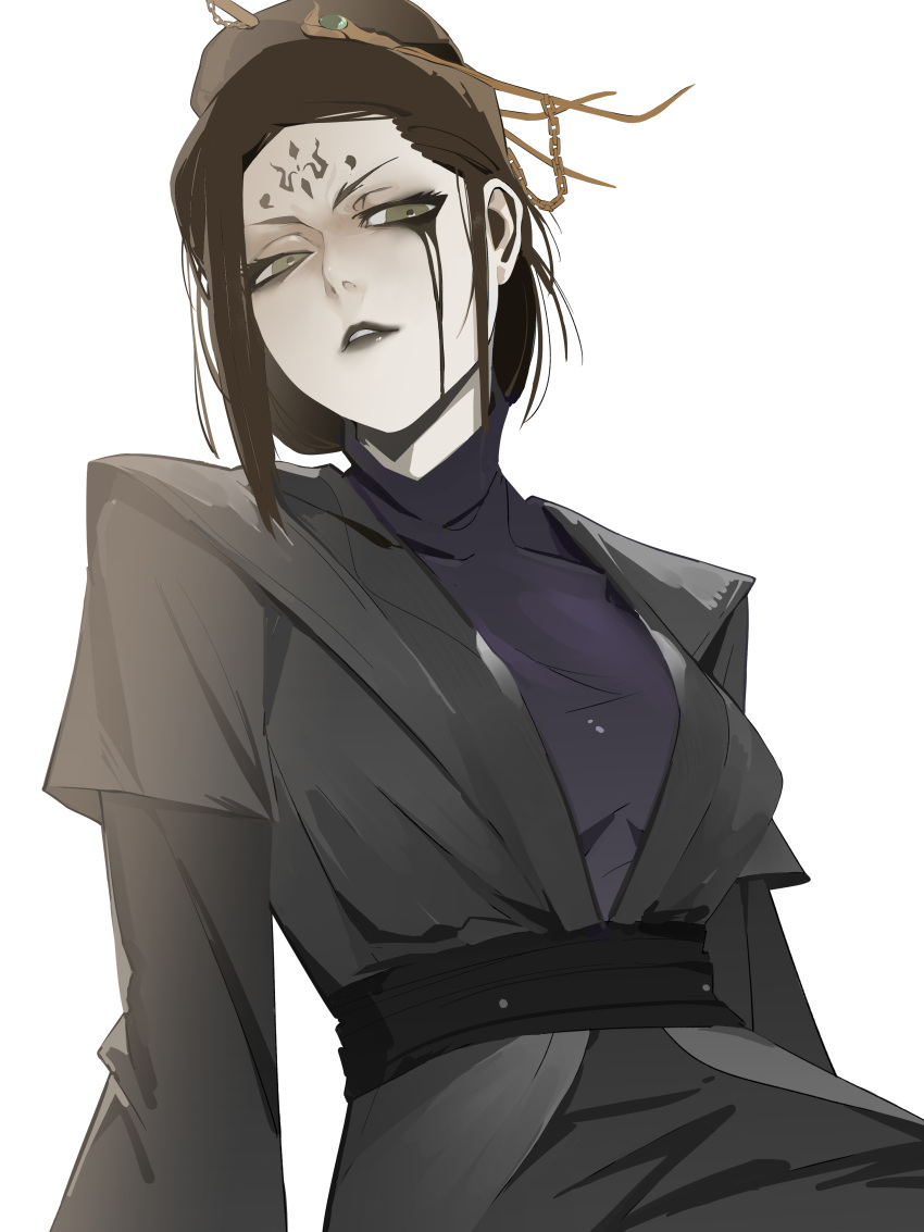 1girl, absurdres, belt, black_belt, black_hair, black_lips, black_myth:_wukong, chinese_commentary, clothing_request, commentary_request, cowboy_shot, facial_mark, fourth_sister_(black_myth:_wukong), gem, green_eyes, green_gemstone, hair_ornament, head_tilt, high_collar, highres, long_bangs, looking_to_the_side, messy_hair, out_of_earth_(drock97763140), pale_skin, parted_lips, scowl, solo, white_background