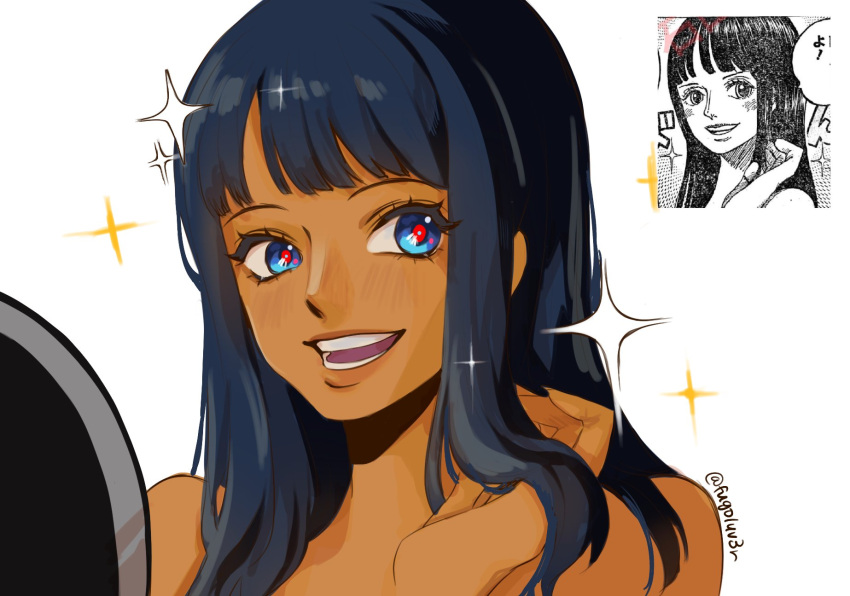 1girl, blue_eyes, blue_hair, blunt_bangs, commentary, fugoluv3r, highres, long_hair, looking_at_mirror, looking_to_the_side, mirror, nico_robin, one_piece, photo-referenced, simple_background, smile, solo, sparkle, twitter_username, upper_body, white_background