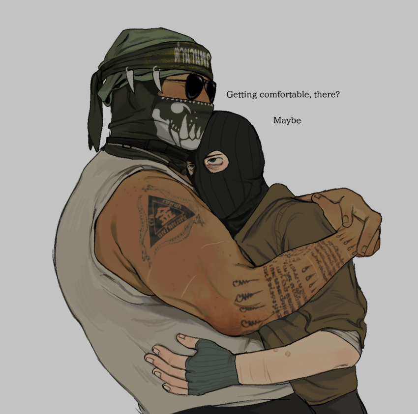 2boys, arm_tattoo, balaclava, bandaged_arm, bandages, bandana, bell_(call_of_duty), black_bandana