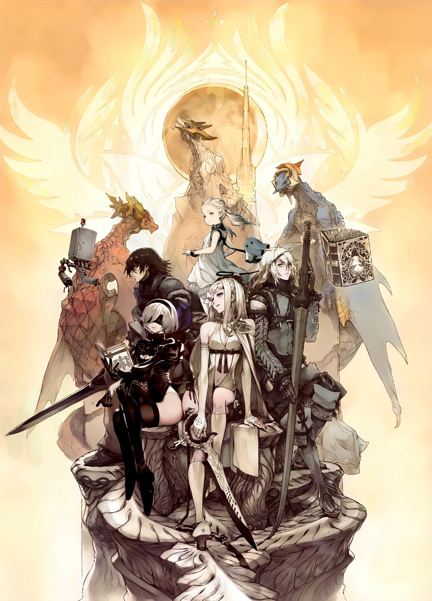 2b_(nier:automata), absurdres, angel_(drag-on_dragoon), caim_(drag-on_dragoon), drag-on_dragoon, drag-on_dragoon_3, fio_(nier), fujisaka_kimihiko