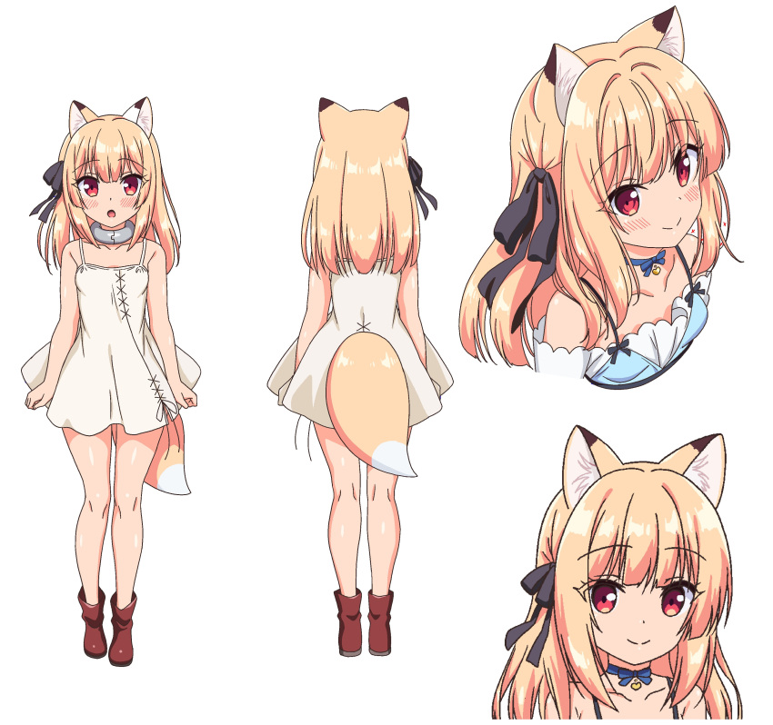 1girl, absurdres, animal_ear_fluff, animal_ears, black_ribbon, blonde_hair, blue_dress, boku_no_risou_no_isekai_seikatsu