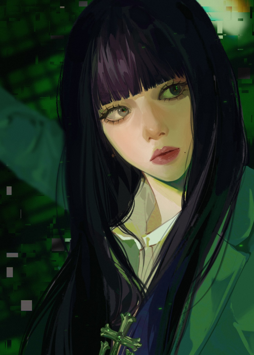 1girl, aespa, black_hair, blunt_bangs, closed_mouth, collared_shirt, commentary, cross
