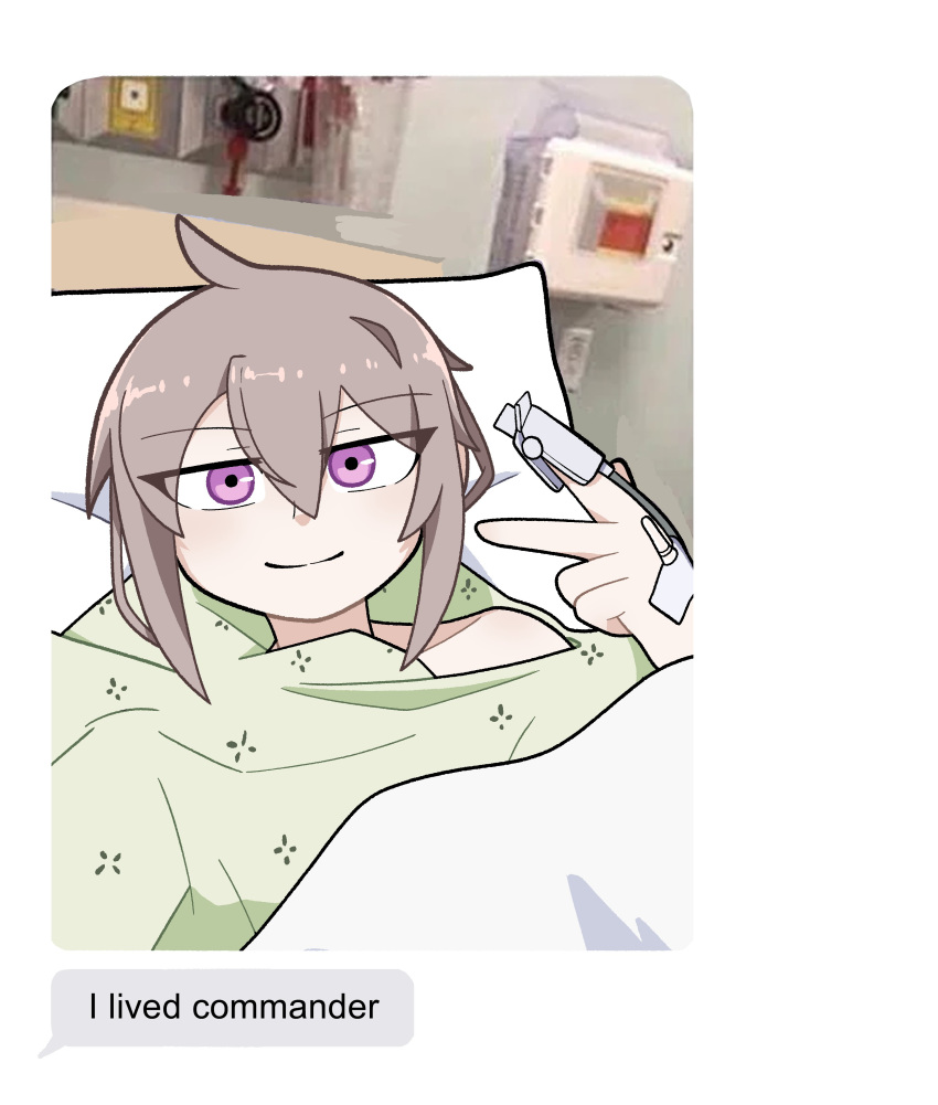 1girl, absurdres, bed, blanket, fake_text, girls_frontline, grey_hair, guiritiru, highres, hospital_bed, hospital_gown, i_lived_bitch_(meme), looking_at_viewer, m200_(girls'_frontline), meme, pillow, smile, solo, v, violet_eyes