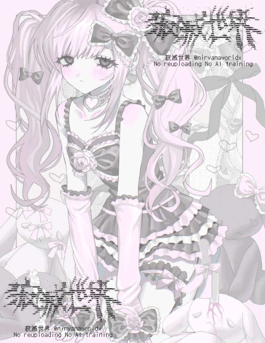 1girl, aegyo_sal, arm_support, arm_warmers, bare_shoulders, black_border, blood, blush