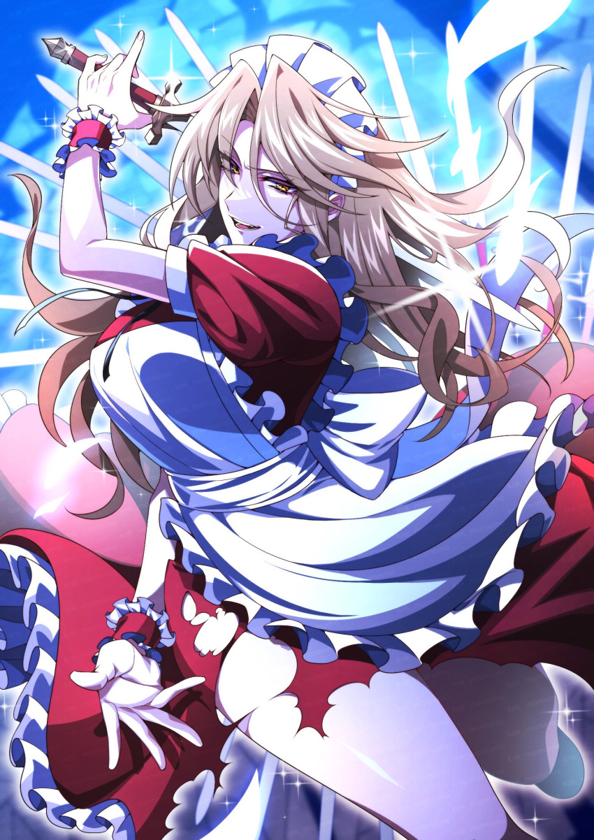 1girl, apron, blonde_hair, breasts, commentary_request, danmaku, dress, frilled_apron
