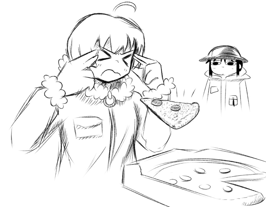 >_<, 2girls, ahoge, brodie_helmet, chito_(shoujo_shuumatsu_ryokou), closed_mouth, coat, combat_helmet