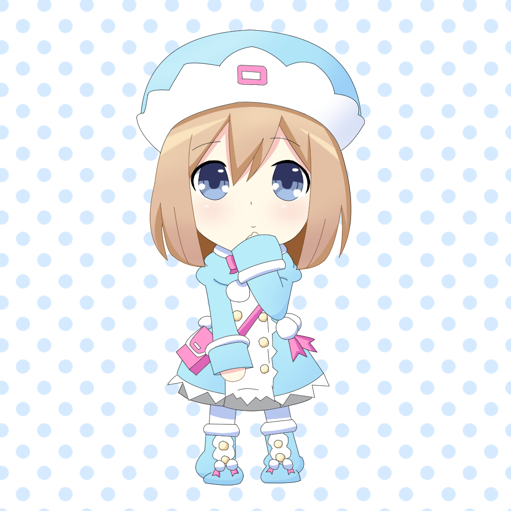 1girl, blue_coat, blue_eyes, blue_hat, bow, bowtie, brown_hair, chibi
