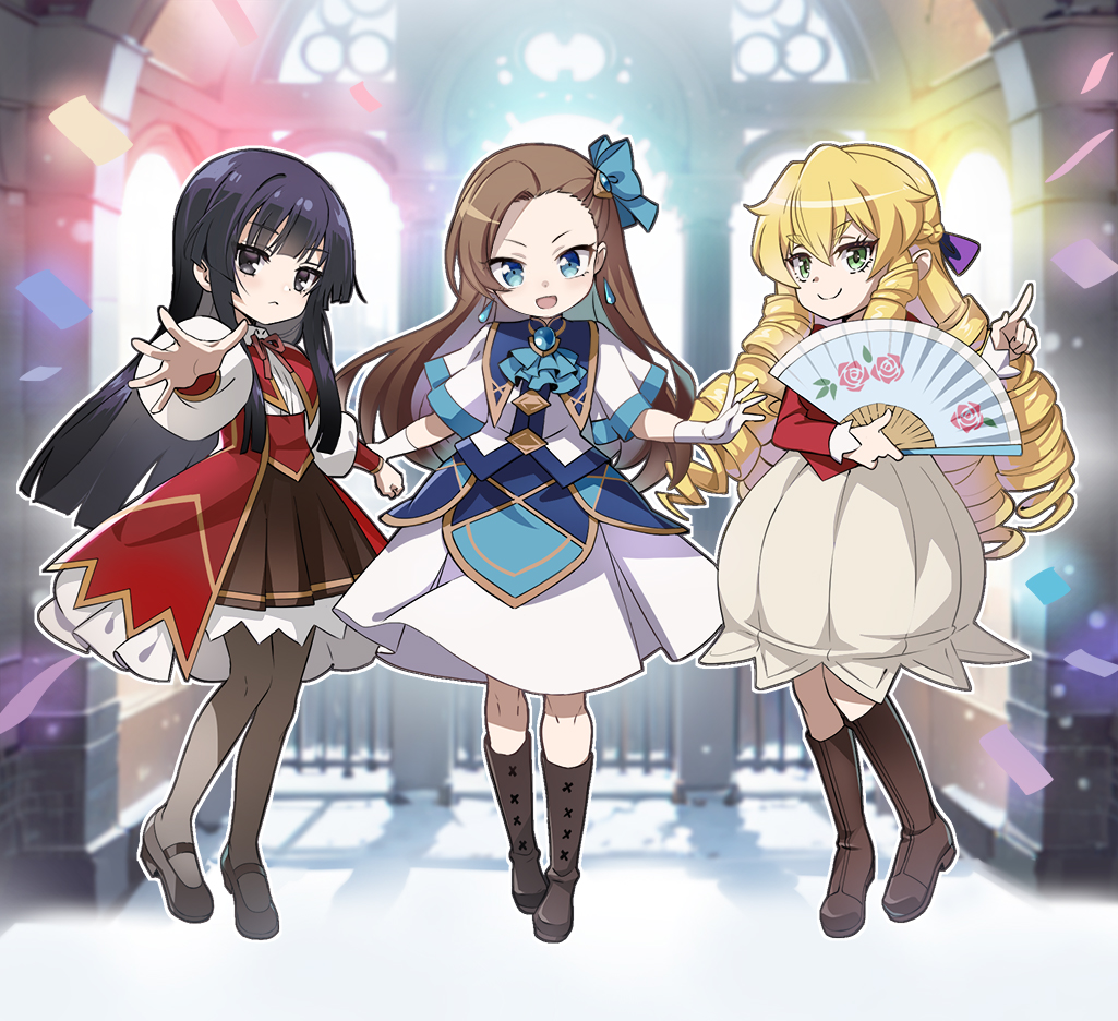 3girls, akuyaku_reijou_level_99:_watashi_wa_ura-boss_desu_ga_maou_dewa_arimasen, akuyaku_reijou_tensei_ojisan, black_eyes, black_footwear, black_hair, black_thighhighs, blonde_hair